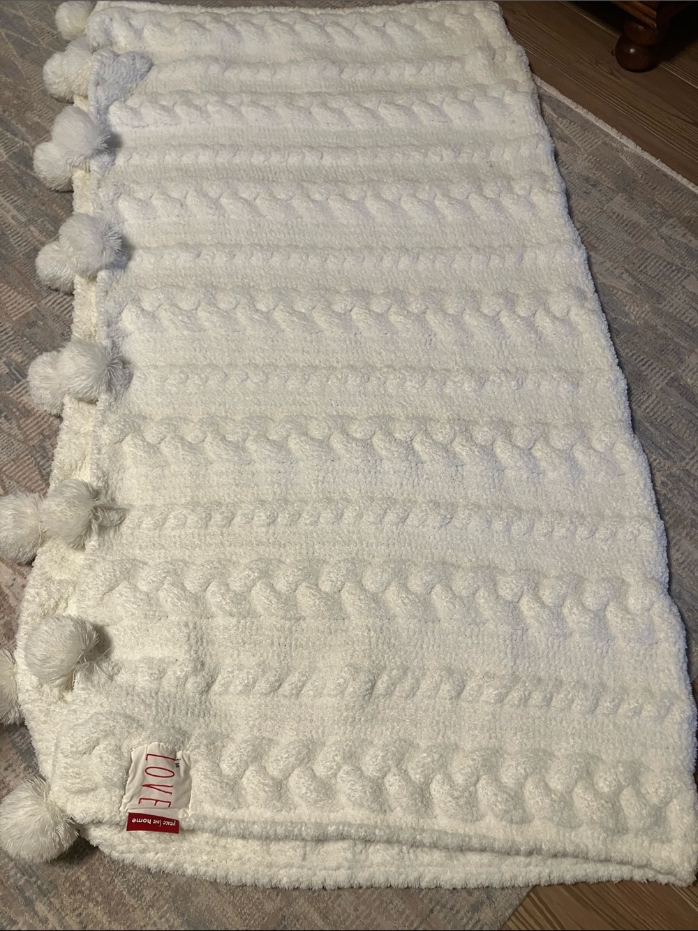Peace Love World Pom Pom Cable Knit blanket in Pristine